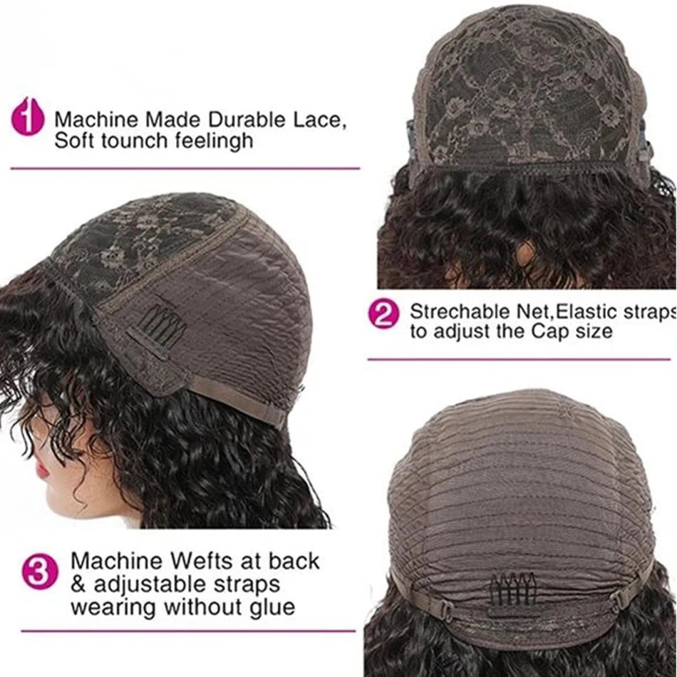 Peruca de Cabelo Humano Crespo Cacheado com Franja, Lace Front 3x1, Pronta para Usar