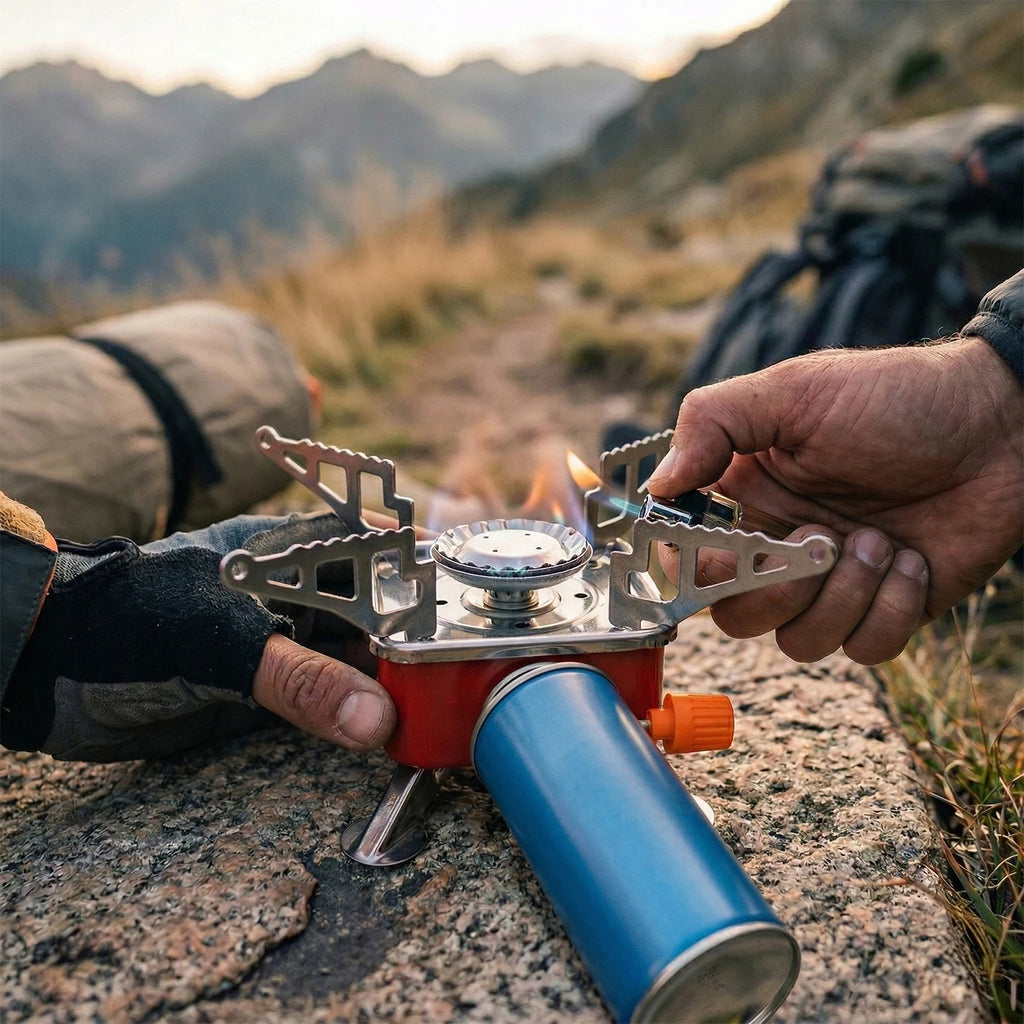 Mini Fogão a Gás Portátil para Camping, Fogareiro Dobrável a Cartucho de Butano, Queimador Compacto