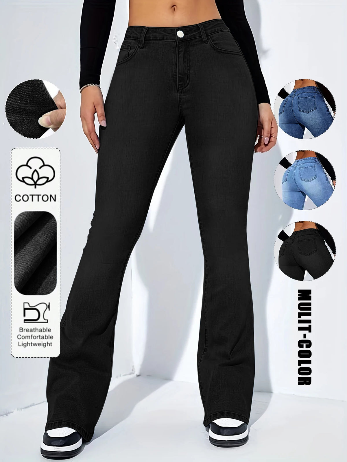 Calças Flare de Denim Elegantes e Estilosas para Mulheres com Bolso, Ajuste Casual para Todas as Estações