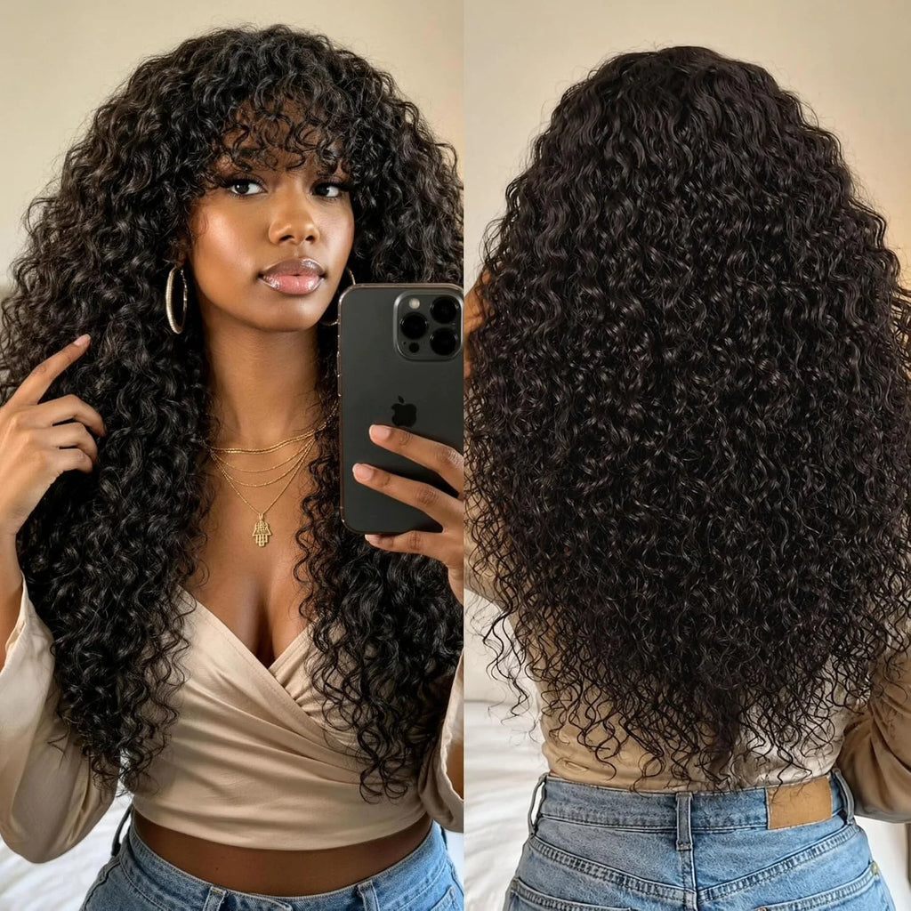 Peruca de Cabelo Humano Crespo Cacheado com Franja, Lace Front 3x1, Pronta para Usar