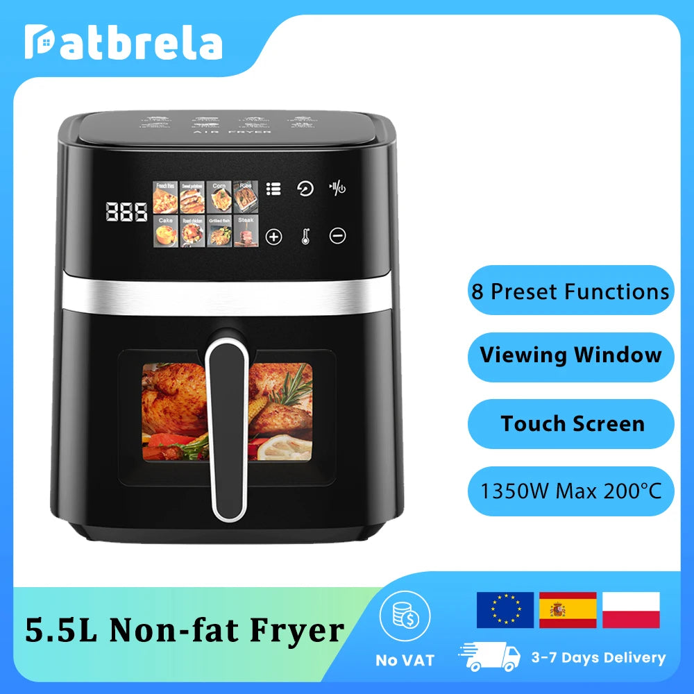 Fritadeira a Ar 5.5L 8-em-1 Max 200 ° Fritadeira Elétrica Sem Óleo com Controle por Toque