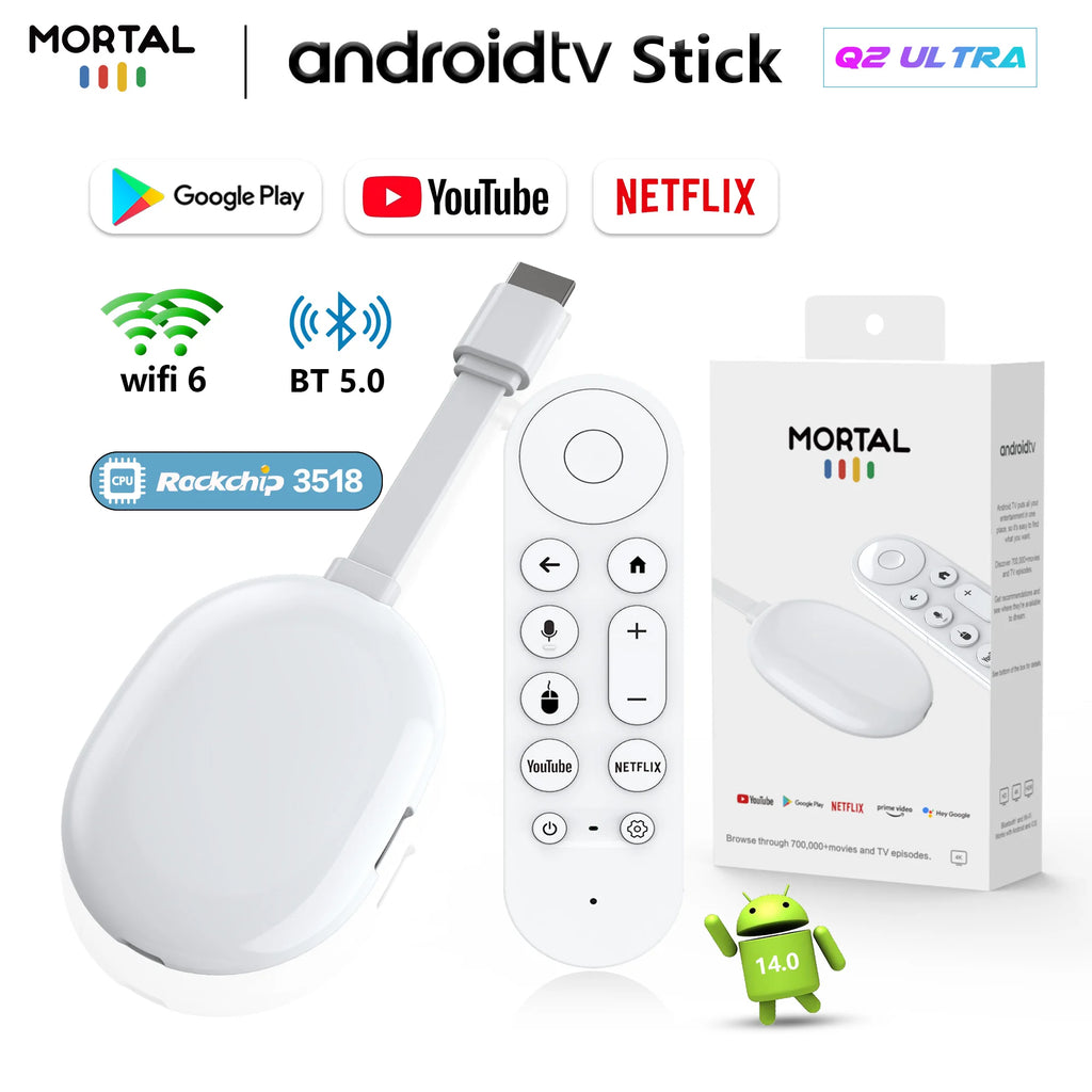 Chromecast Versão Global Android 14TV Stick Q2 Ultra 4K HDR Allwinner H313 Comando à Distância por voz BT5.X Chromecast Wifi 6 2G 16G