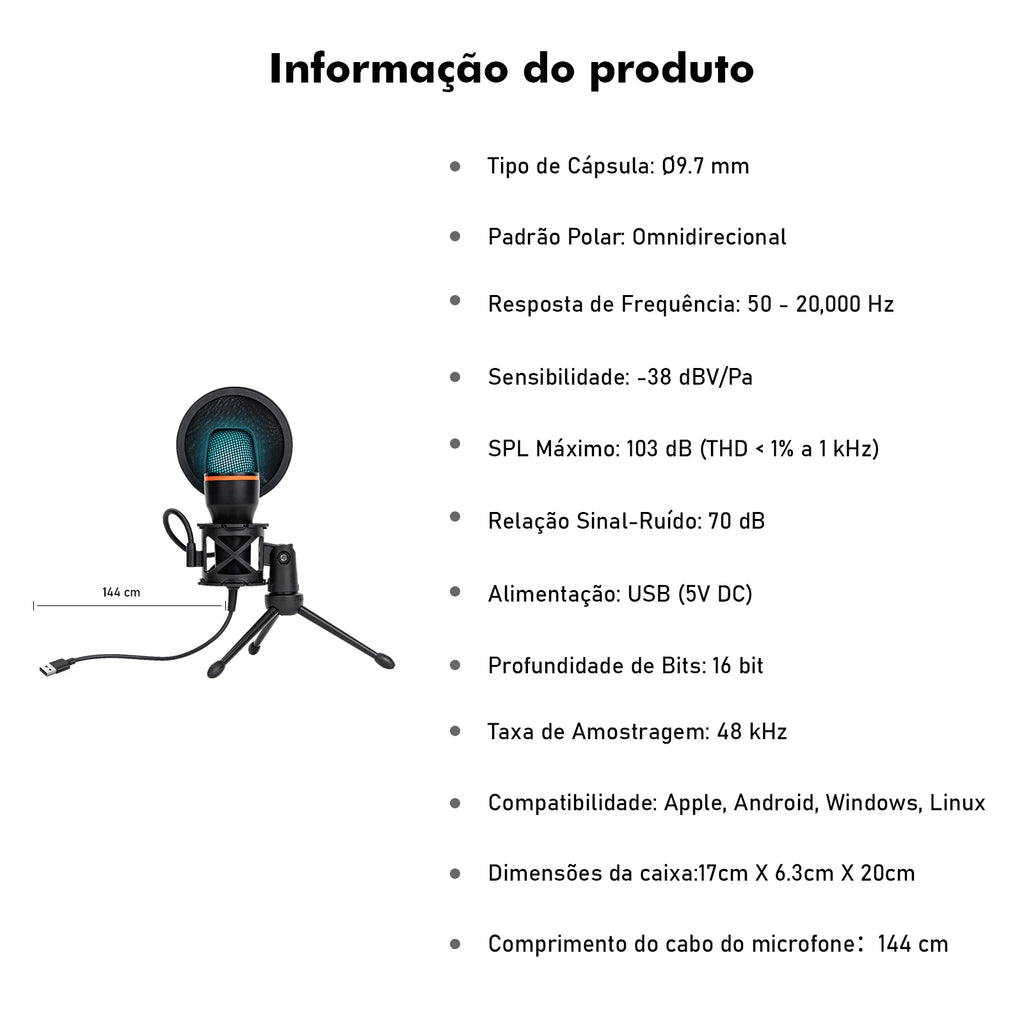 Microfone de Mesa RGB com Cancelamento Ativo de Ruído