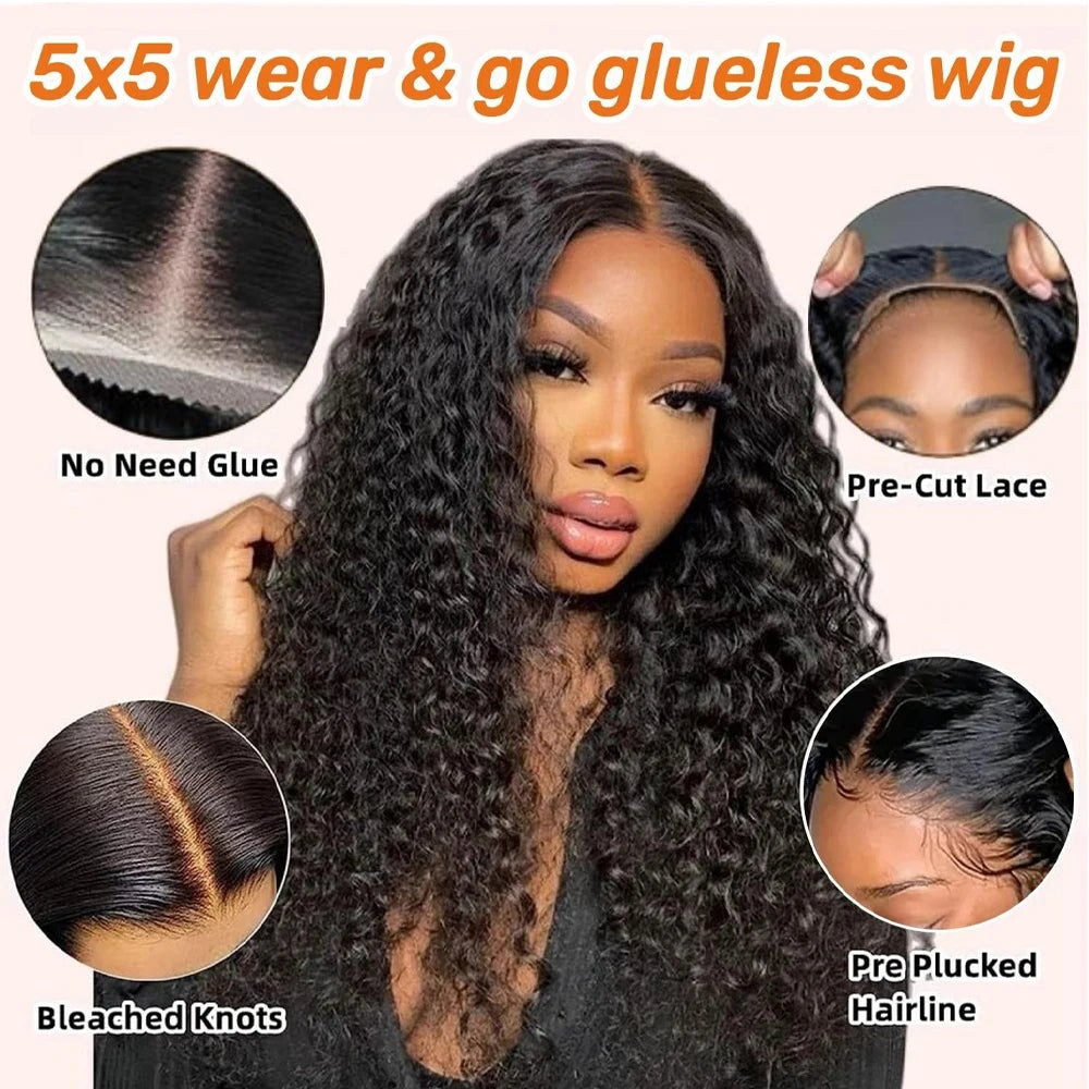 Perucas sem cola 5x5 de cabelo humano, prontas para usar, com ondas profundas, 13x4 13x6