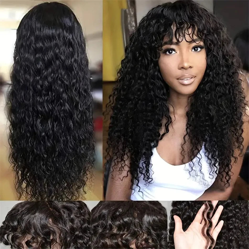 Peruca de Cabelo Humano Crespo Cacheado com Franja, Lace Front 3x1, Pronta para Usar