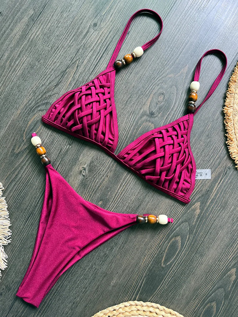 Biquíni Modelo 2026, Alças Cruzadas e Miçangas, Sutiã Push Up, Conjunto de 2 Peças