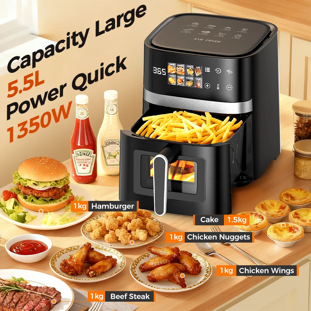 Fritadeira a Ar 5.5L 8-em-1 Max 200 ° Fritadeira Elétrica Sem Óleo com Controle por Toque