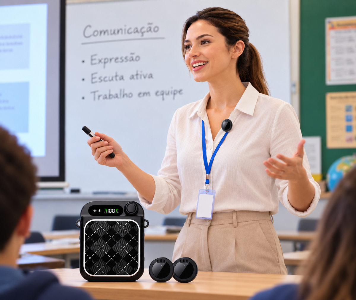 Amplificador de Voz 5W com 2 Microfones de Lapela Sem Fio Recarregável